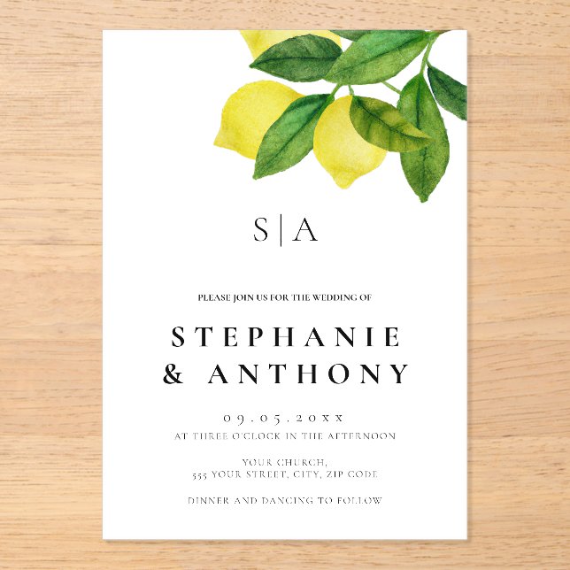 Monograms Lemon Branch Greenery Wedding Acrylic Invitations (Front)