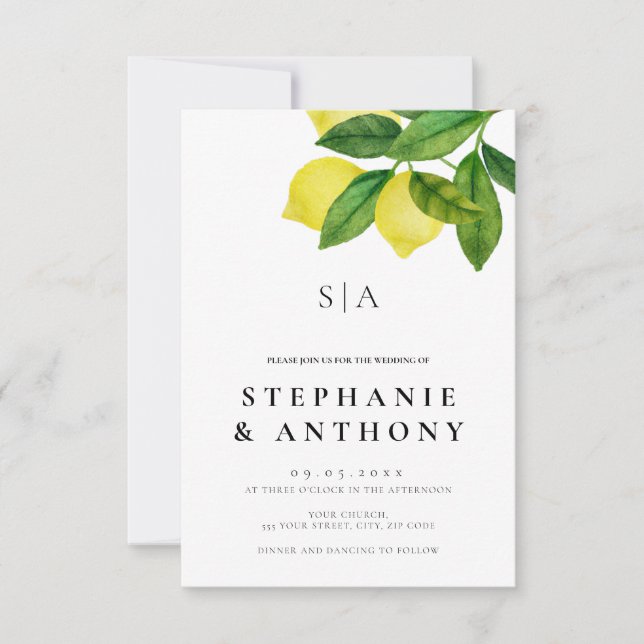 Monograms Lemon Branch Greenery Wedding Invitation (Front)