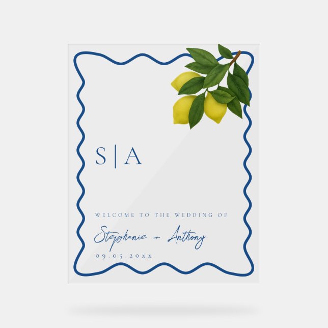 Monograms Lemon Citrus, Blue Wave Border Wedding   Acrylic Sign (Front)