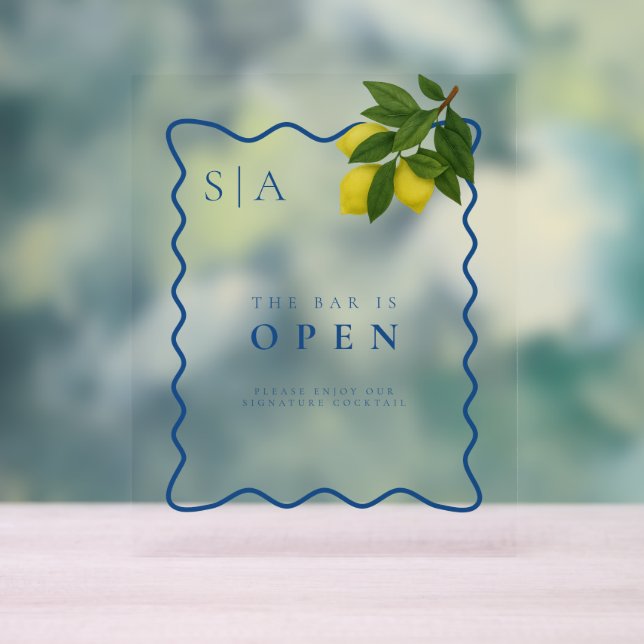 Monograms Lemon Citrus, Blue Wave Border Wedding   Acrylic Sign (Neutral)