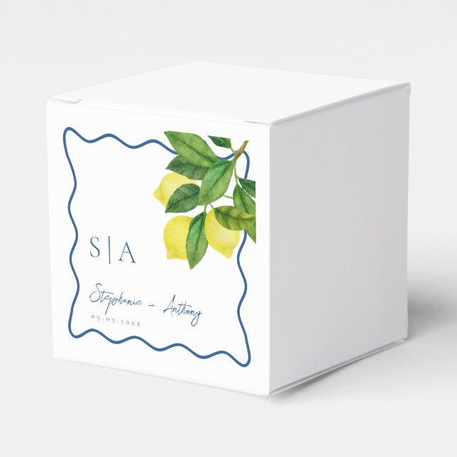 Monograms Lemon Citrus, Blue Wave Border Wedding   Favour Box (Front Side)