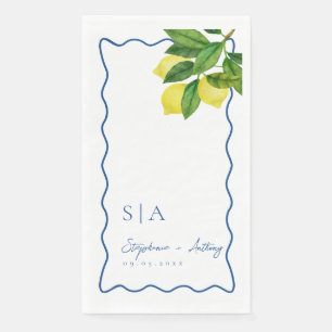 Monograms Lemon Citrus, Blue Wave Border Wedding   Napkin