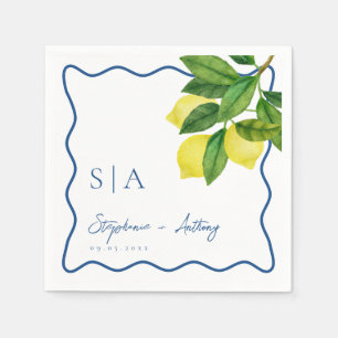 Monograms Lemon Citrus, Blue Wave Border Wedding   Napkin