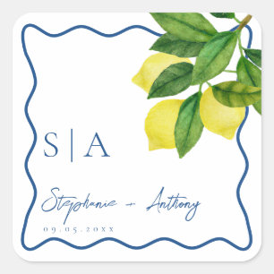 Monograms Lemon Citrus, Blue Wave Border Wedding   Square Sticker