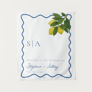 Monograms Lemon Citrus, Blue Wave Border Wedding   Tapestry