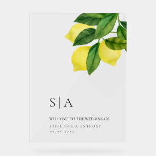 Monograms Lemon Citrus Branch Greenery Wedding  Acrylic Sign