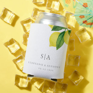 Monograms Lemon Citrus Branch Greenery Wedding    Can Cooler