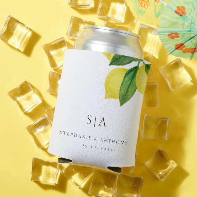 Monograms Lemon Citrus Branch Greenery Wedding    Can Cooler (In Situ Summer)