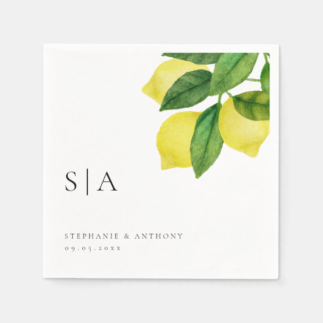 Monograms Lemon Citrus Branch Greenery Wedding  Napkin (Front)
