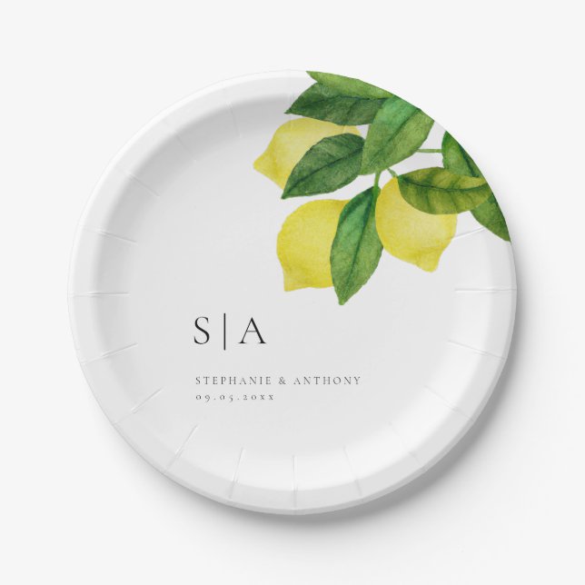 Monograms Lemon Citrus Branch Greenery Wedding  Paper Plate (Front)