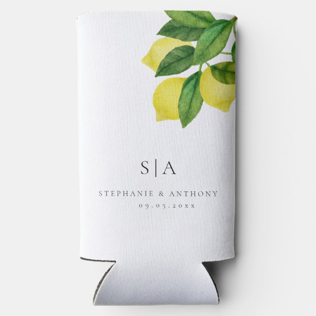 Monograms Lemon Citrus Branch Greenery Wedding    Seltzer Can Cooler (Back)