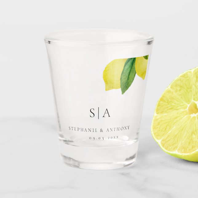 Monograms Lemon Citrus Branch Greenery Wedding    Shot Glass (Front)