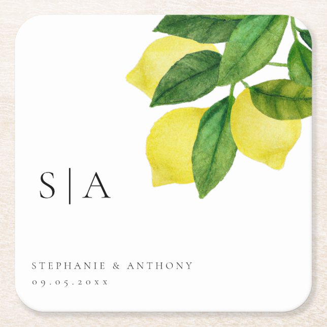 Monograms Lemon Citrus Branch Greenery Wedding  Square Paper Coaster (Front)