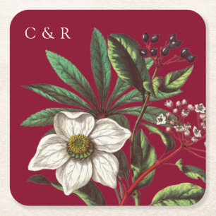 Monograms Modern Burgundy Red Christmas Rose  Square Paper Coaster
