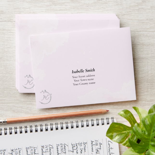 Monograms Pale Pink Grey Watercolor Lovebirds RSVP Envelope (Stacked)