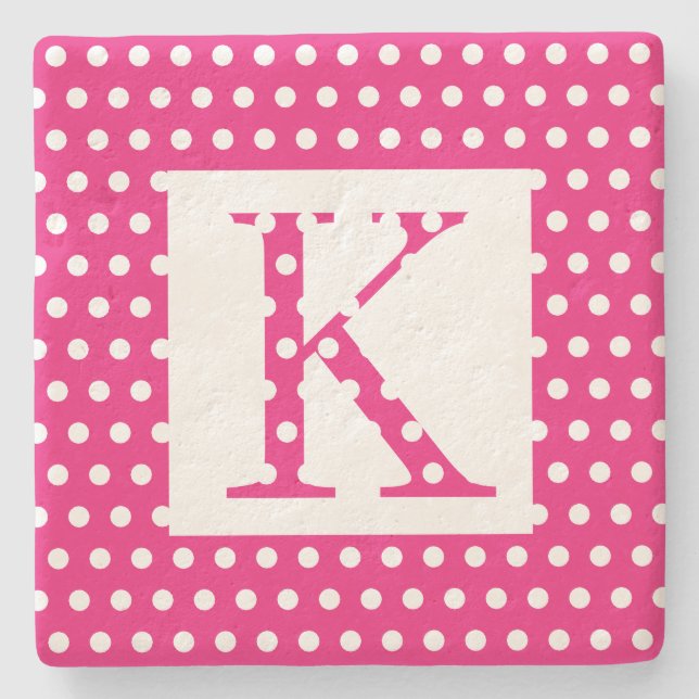 Monograms Pink White Polka Dots Colourful Gift Stone Coaster (Front)