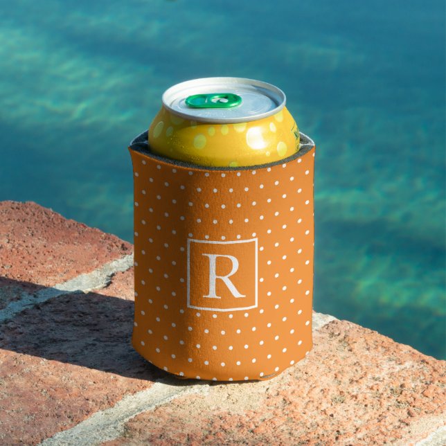 Monograms Pumpkin Orange White Polka Dots Fall Can Cooler (In Situ Pool)