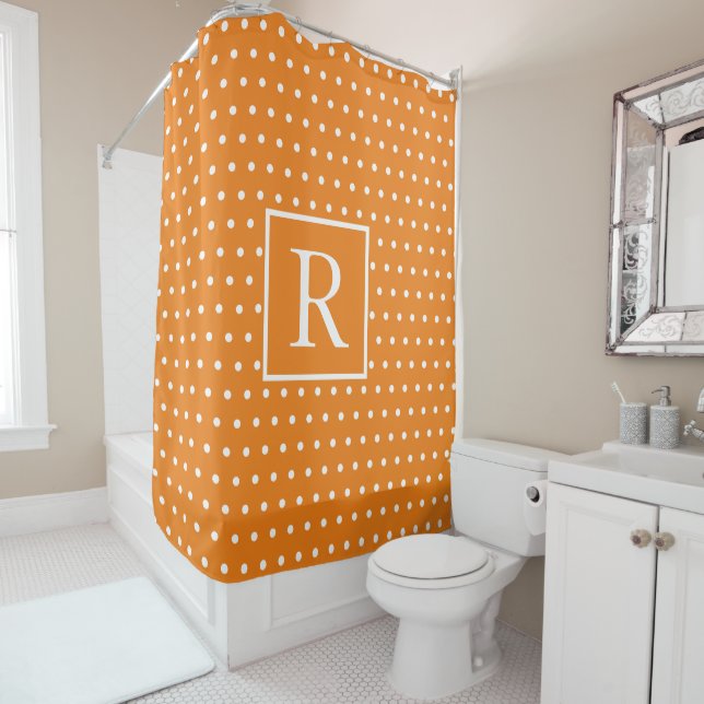 Monograms Pumpkin Orange White Polka Dots Fall  Shower Curtain (In Situ)