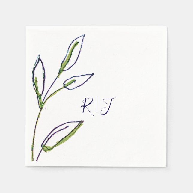 Monograms Sage Green Leaves Navy Blue Art Wedding Napkin (Front)