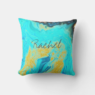 Monograms Teal Blue Golden Patterns Custom Name Cushion