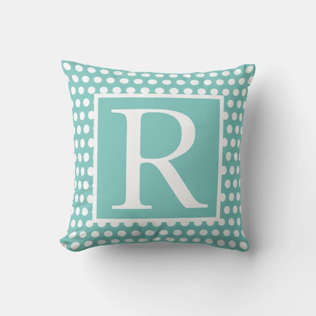 Monograms Teal Blue White Poka Dots Gift Favour Cushion (Front)