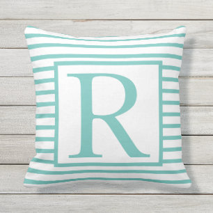Monograms Teal Blue White Stripes Initials Name Cushion