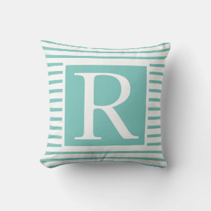 Monograms Teal Blue White Stripes Name Gift Favour Cushion