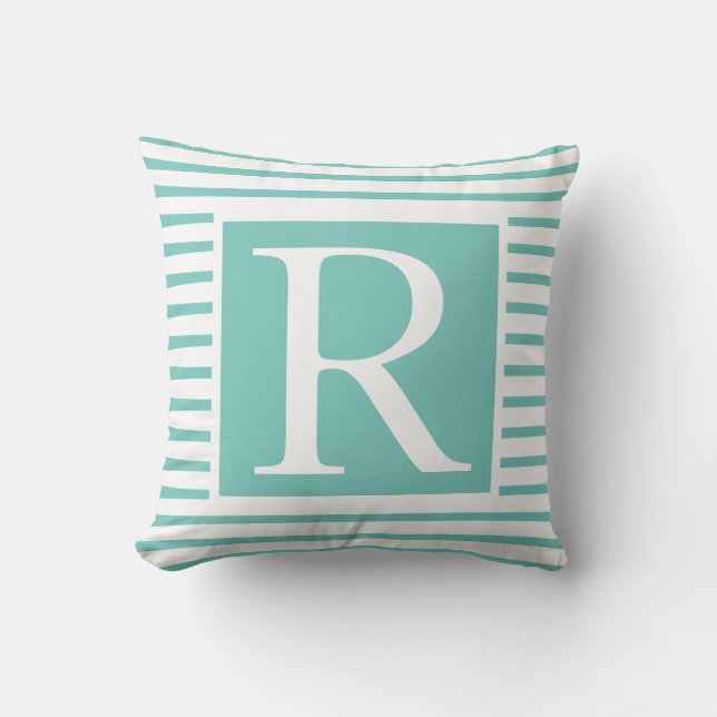 Monograms Teal Blue White Stripes Name Gift Favour Cushion (Front)