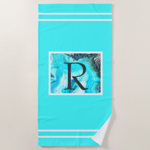 Monograms Teal White Stripes Agate Art Elegant Beach Towel