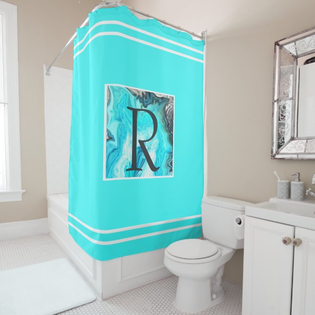 Monograms Teal White Stripes Agate Art Elegant Shower Curtain (In Situ)