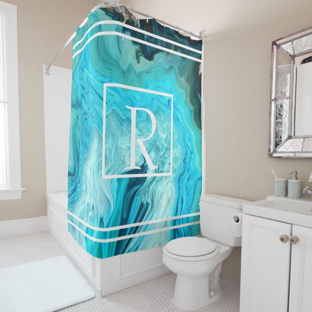 Monograms Teal White Stripes Agate Art Patterns Shower Curtain (In Situ)