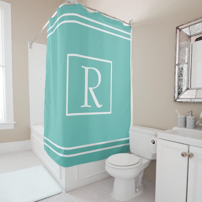 Monograms Teal White Stripes Custom Name Initial Shower Curtain (In Situ)