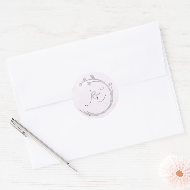 Monograms Watercolor Grey Lovebirds Branch Wreath Classic Round Sticker (Envelope)