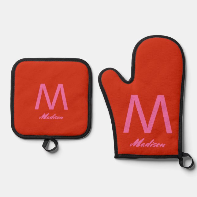 Monograms Wedding Gift Favour Colourful Pink Orang Oven Mitt & Pot Holder Set (Front)