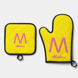 Monograms Wedding Gift Favour Colourful Pink Yello Oven Mitt & Pot Holder Set