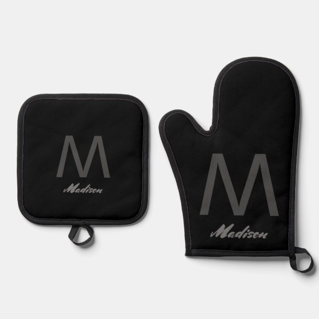 Monograms Wedding Gift Favour Elegant Grey Black Oven Mitt & Pot Holder Set (Front)