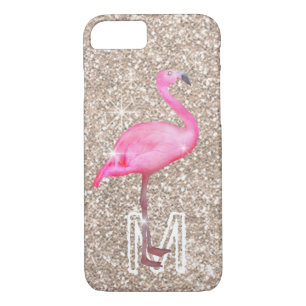 MonogramTropical Pink Flamingo Girly Gold Glitter iPhone 8/7 Case