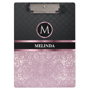 Monogrma Glittery Pretty Pink and Black Clipboard