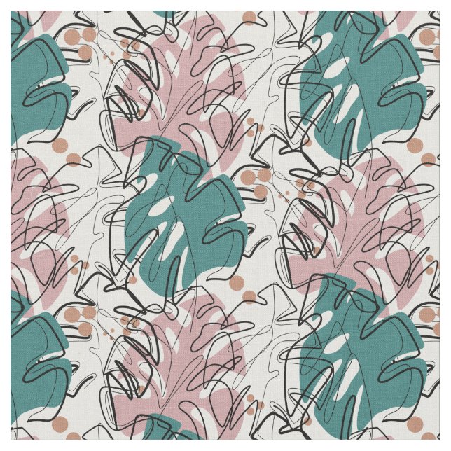Monoline  monstera leaves with colour spots fabric (Close Up)