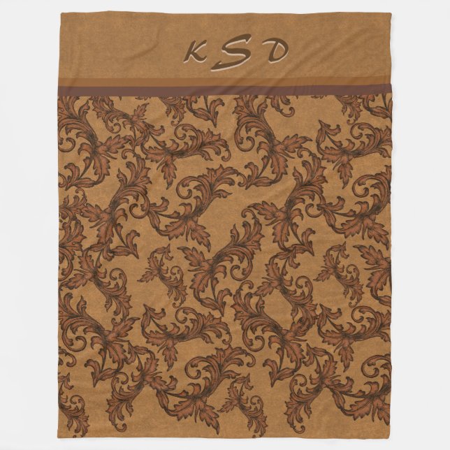 Monorammed Rust and Gold Leafy Swirls Fleece Blanket (Front)