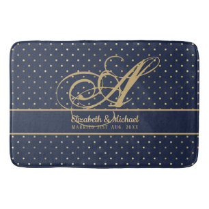 Monorgam Navy Blue Gold Polkadot Newlyweds Wedding Bath Mat