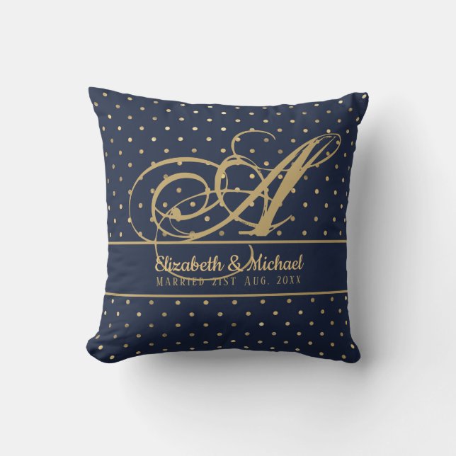 Monorgam Navy Blue Gold Polkadot Newlyweds Wedding Cushion (Front)