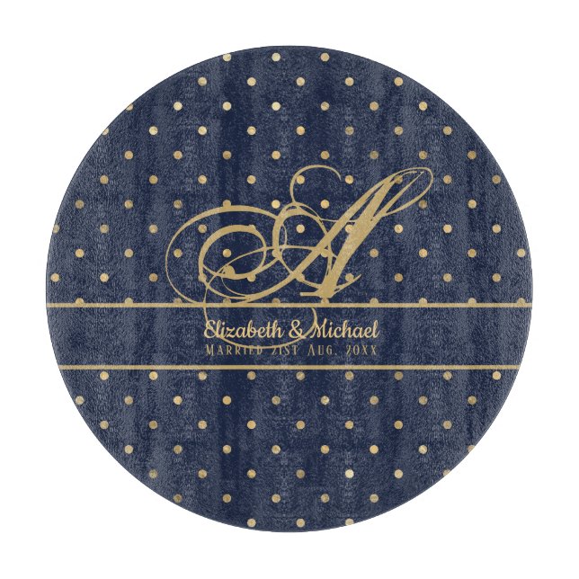 Monorgam Navy Blue Gold Polkadot Newlyweds Wedding Cutting Board (Front)