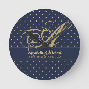 Monorgam Navy Blue Gold Polkadot Newlyweds Wedding Round Clock