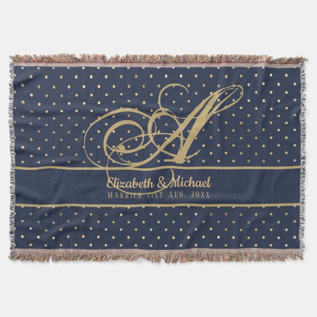 Monorgam Navy Blue Gold Polkadot Newlyweds Wedding Throw Blanket (Front)