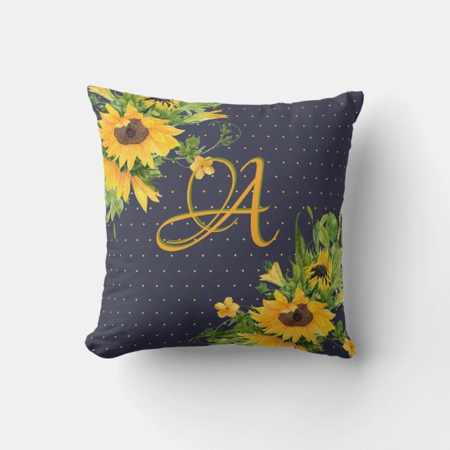Monorgammed Sunflowers Blue Yellow Decor Modern Cushion (Front)