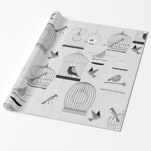 monotone grey aviary birdcage birds wrapping paper