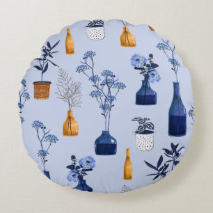 Monotone of modern flowers and vase ,pot  with bot round cushion