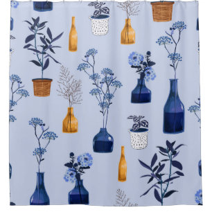 Monotone of modern flowers and vase ,pot with bot shower curtain