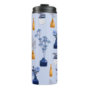 Monotone of modern flowers and vase ,pot with bot thermal tumbler